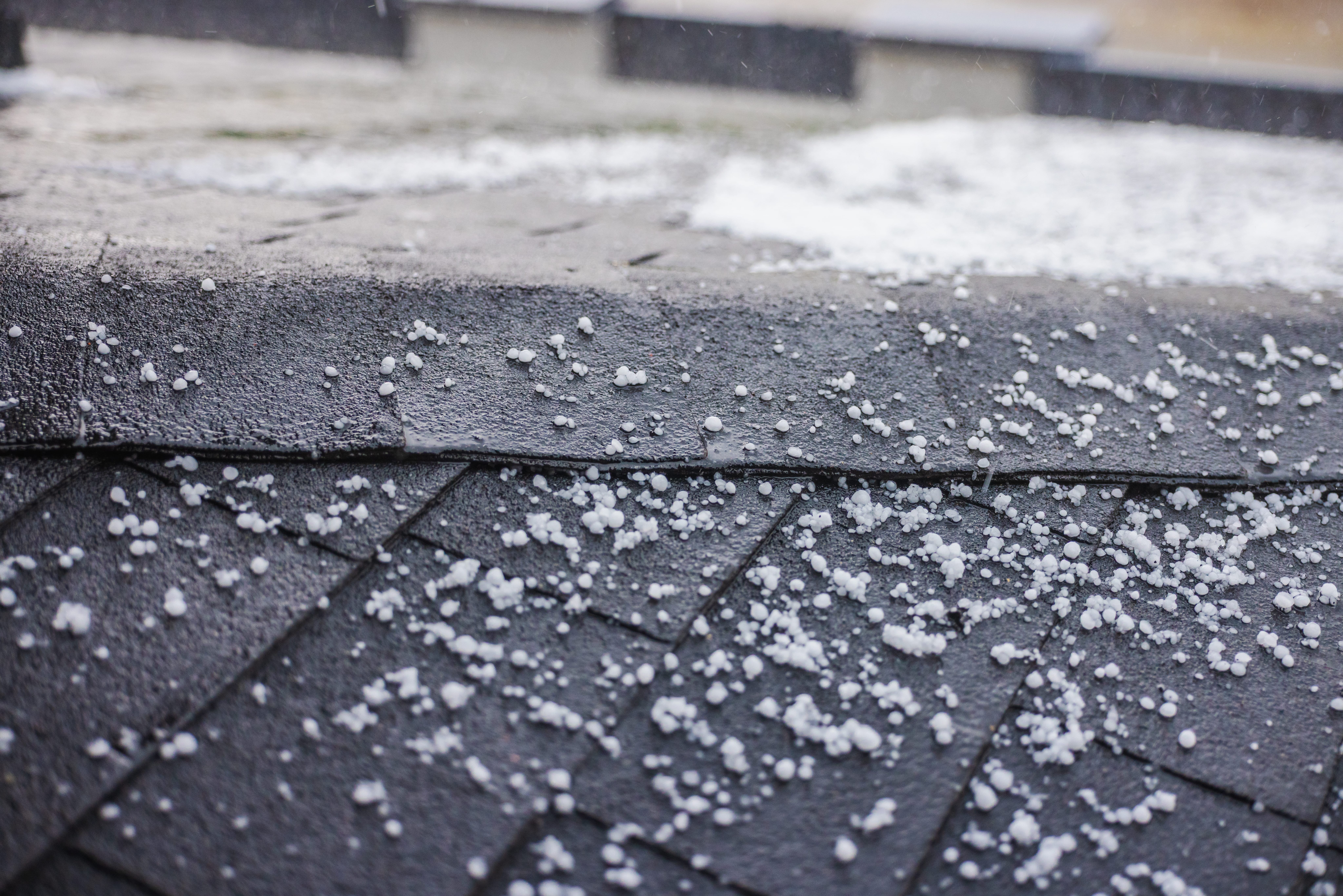 small,hailstones,scattered,on,a,dark,shingled,roof,during,a
